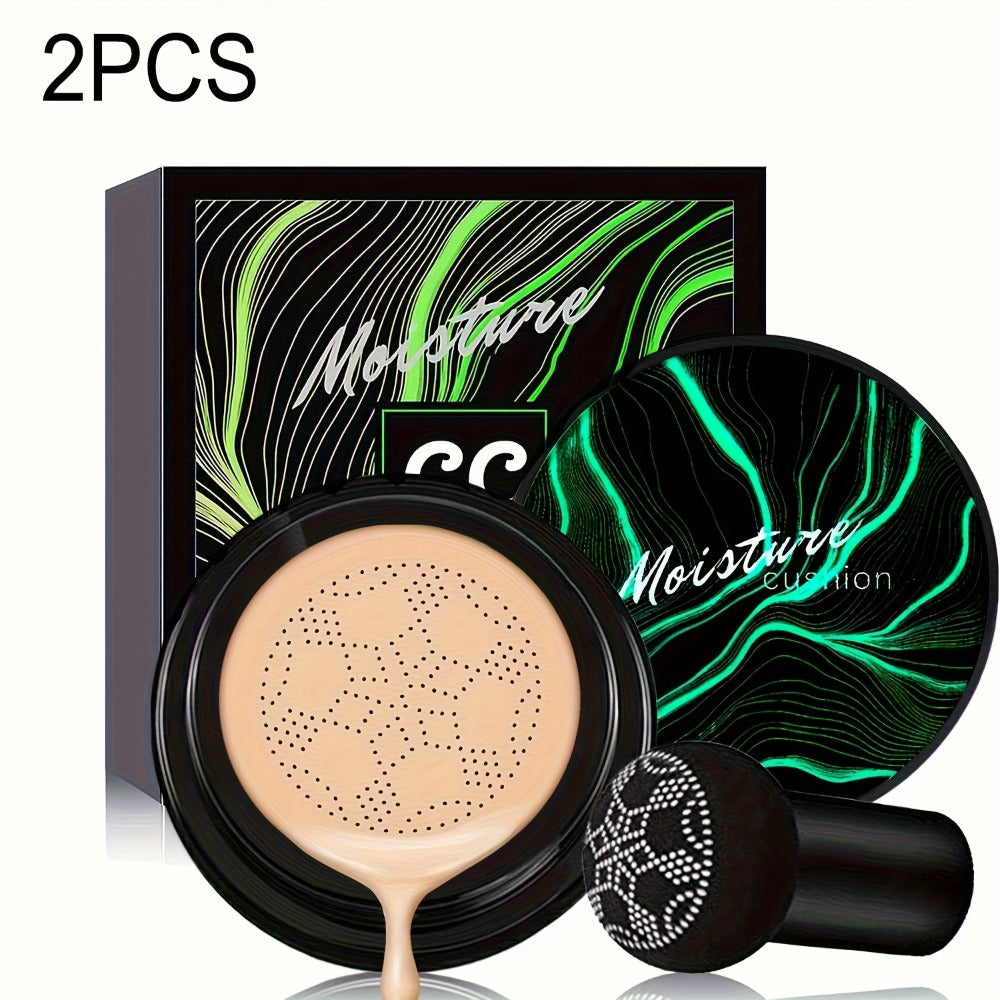 Air Cushion BB Cream 2pcs Mushroom CC Cream Hydrating Waterproof Long Lasting Foundation Pore Invisible Face Makeup - Beige & Light Medium Shades for Women