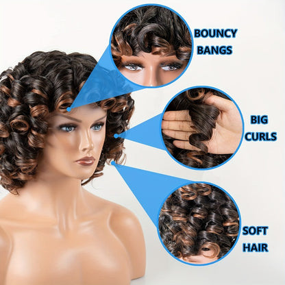Kinky Curly Afro Wig with Bangs 14 Inch Synthetic Hair Wig for Black Women Ombre 2 Tone Black Brown Golden Natural Volume Daily Wear Hair Replacement Wig