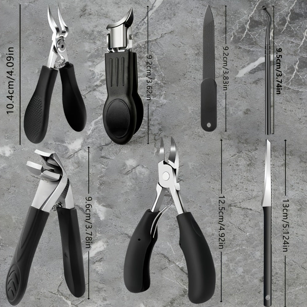 [Nail Care Set] 7pcs Nail Care Set, Suitable For Ingrown Toenails And Thick Toenails - Equipped With Nail File, Cuticle Nipper And Dead Skin Tool - Toenail Clippers With Angled Head & Curved Blades - Classic Black Handle For Men, Women & Elderly, Personal