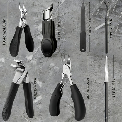 Toenail Clipper Set 7 Piece — Professional Nail Care Kit for Ingrown & Thick Toenails, Angled Head Curved Blade Clippers, Nail File, Cuticle Nipper & Dead Skin Tool | Men Women Elderly