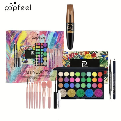 Makeup Kit Full Face POPFEEL All-in-One Eyeshadow Palette Blush Foundation Mascara Brush Set Berry Neutral Shades Gift Set for Women Beginners