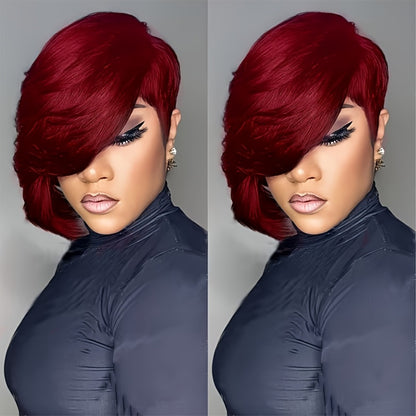 Pixie Cut Human Hair Wig with Bangs 8 Inch 200% Density Glueless Side Part Layered Straight Rose Net Cap Throw On and Go Women #1 #4 #99J Daily Party