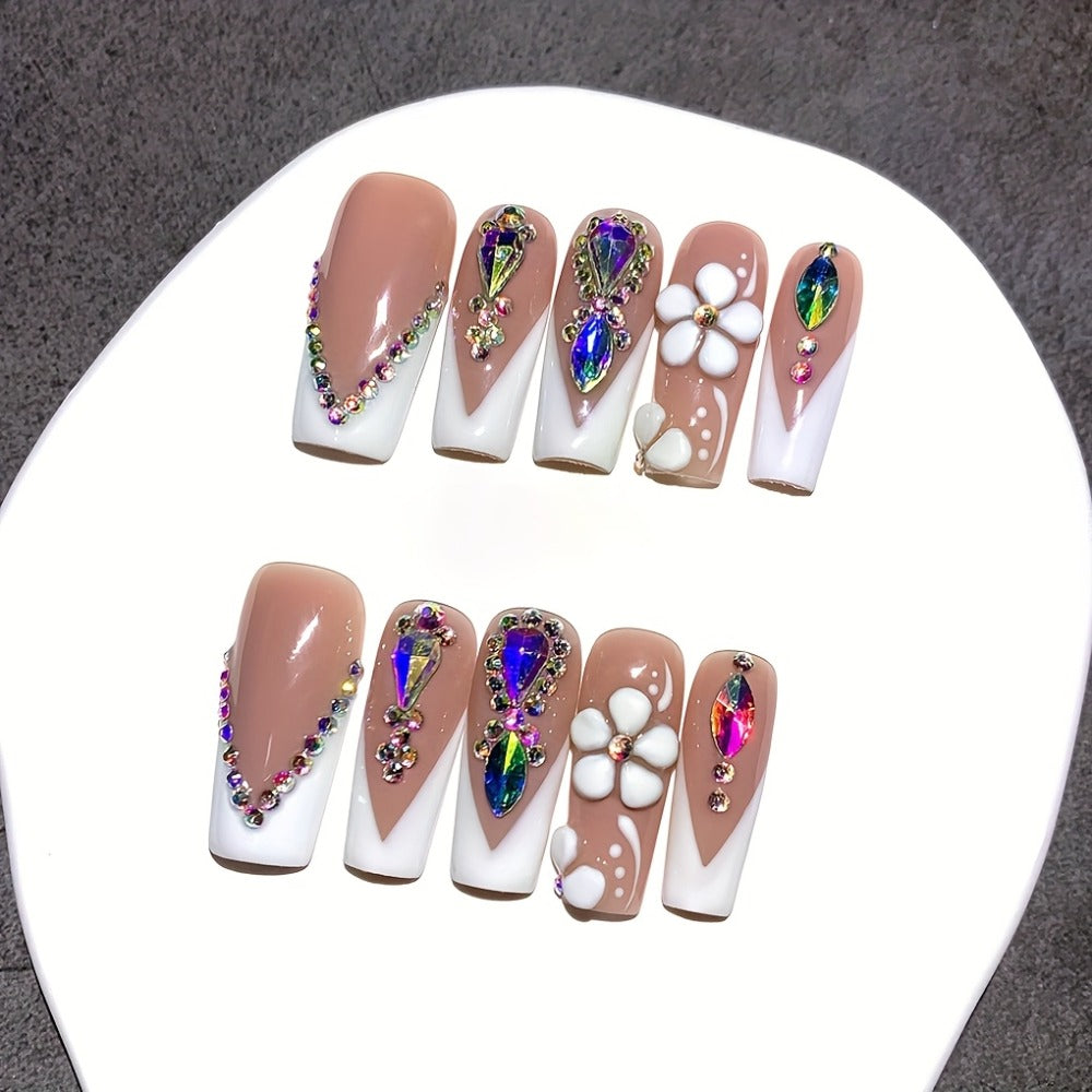 Press On Nails Square French Tip Luxury – Nude & White with AB Rhinestone & Handcrafted Floral Design | 10pcs Glossy Nail Set for Wedding, Party & Valentine's Day, S/M/L