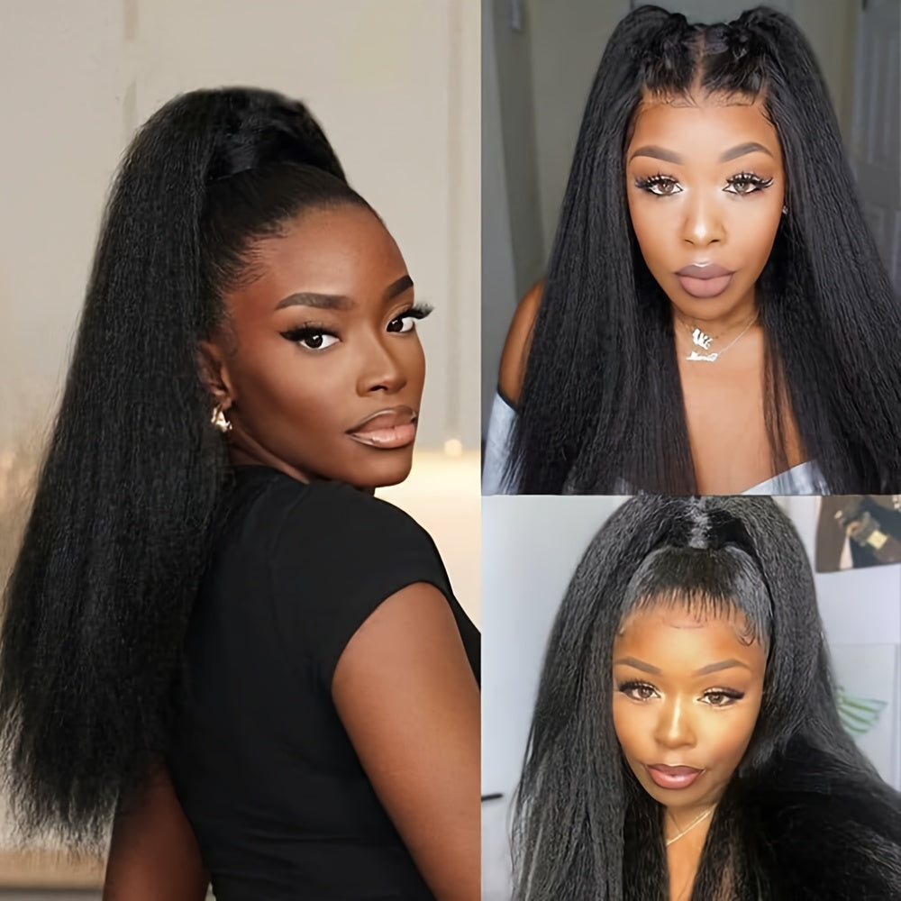 Kinky Straight Black Color Hair Frontal Lace Replacement Wigs | Yaki Straight for Fashion Women, Lace Front, Glueless, Pre Plucked Hairline, 26 Inch, Heat Resistant Soft Fiber, Beginners Friendly, Brand: MAYCAUR