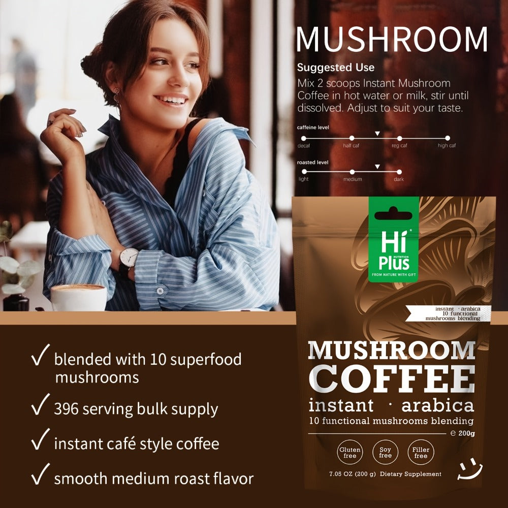 HiPlus Instant Mushroom Coffee Powder - Immune Support & Focus Booster with Arabica Coffee, Lions Mane, Chaga, Reishi, Cordyceps, Turkey Tail, Shiitake, Maitake, Gluten-Free, Soy-Free, No Fillers - Clean Energy & Mental Clarity, No Jitters - 7oz (203g)
