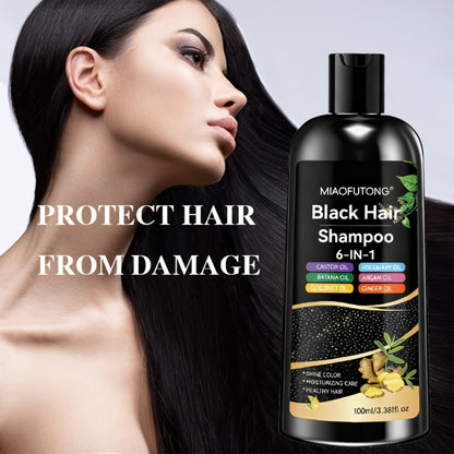 Black Hair Dye Shampoo 6-in-1 Gray Coverage - Castor, Batana, Coconut, Rosemary & Ginger Oil Formula, Instant Color, Glossy & Voluminous, Unisex, All Hair Types