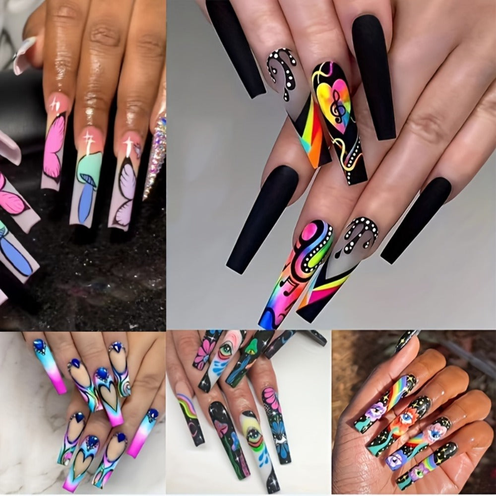 5 Boxes (120pcs Extra Long Press on Nails Fake Nails Set - Cosmic Eyes And Crystal Rhinestones Matte with Glue on Nails Colorful Stripes Floral Patterns Wearable Nail Art Festive Gift Set