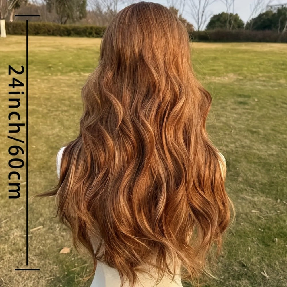 Body Wave Wig with Bangs Synthetic Hair 24 Inch Light Brown Golden Highlights Rose Net Cap Heat Friendly Natural Volume Long Wavy Wig Women Daily Wear Party Cosplay