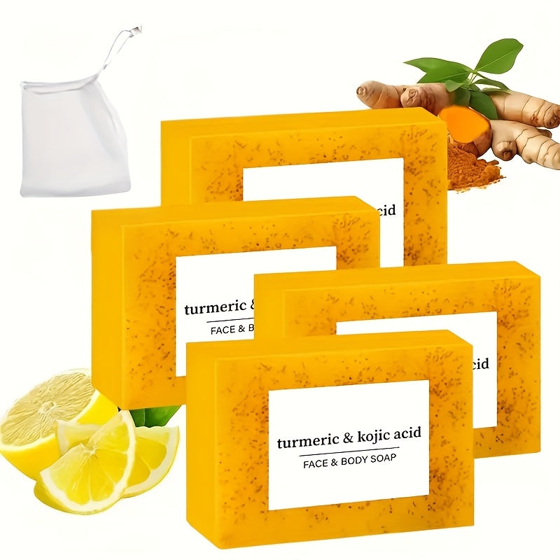 4pcs Natural Turmeric And Kojic Acid Soap with A Foaming Mesh, Deeply Cleanses & Moisturizes The Skin, Oil Control, Suitable for Facial, Body Cleaning, Suitable for All Light Skin Tones