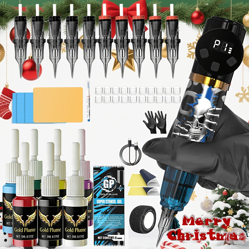 GOLDPLUME Tattoo Kit, Tattoo Gun Kit Complete Set, Cordless Tattoo Gun with 1100mAh Power Supply, 10 Tattoo Needles, 7 Bottles Of Tattoo Ink And Other Tattooo Supplies, Christmas Gift for Beginners And Masters