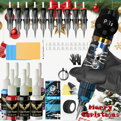 Cordless Tattoo Kit Complete Set - Tattoo Gun with 1100mAh Battery, 10 Needles, 7 Ink Bottles, Professional Tattoo Machine Starter Kit for Beginners & Artists