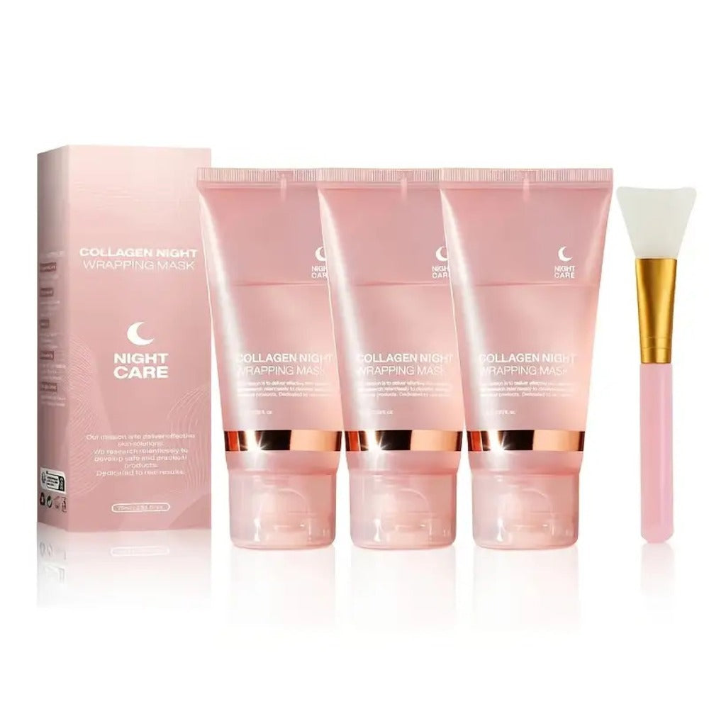 3pcs Collagen Night Wrap Mask with Jelly Brush, Alcohol-Free And Gentle, Deeply Moisturizing And Nourishing, Suitable for All Skin Types, Glossy, 2.54 Oz*2, Valentine'S Day Gift, Essential for