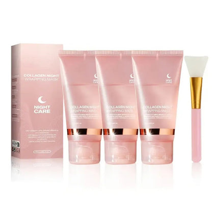 Collagen Night Wrap Mask with Jelly Brush 3pcs Hyaluronic Acid Deeply Moisturizing Nourishing Alcohol-Free Gentle Glossy Sleeping Mask for All Skin Types Gift