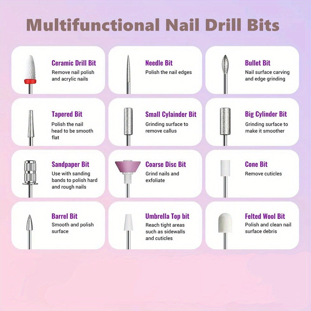 Electric Nail Drill, Cordless Nail Drill, Electric Nail File, USB Rechargeable Portable Nail Drill for Manicure Pedicure And Polishing, with 12 Nail Drill Bits And Sanding Bands, White