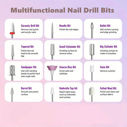 Cordless Electric Nail Drill USB Rechargeable Portable Nail File for Manicure Pedicure Polishing with 12 Nail Drill Bits and Sanding Bands Beginner Professional Home Salon Golden White