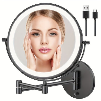 Wall Mounted Lighted Makeup Mirror 10X Magnification, 8 Inch LED Vanity Mirror 1X/10X Double Sided, 3 Color Lights Touch Dimmer 360° Swivel Rechargeable — Black Silver Gold