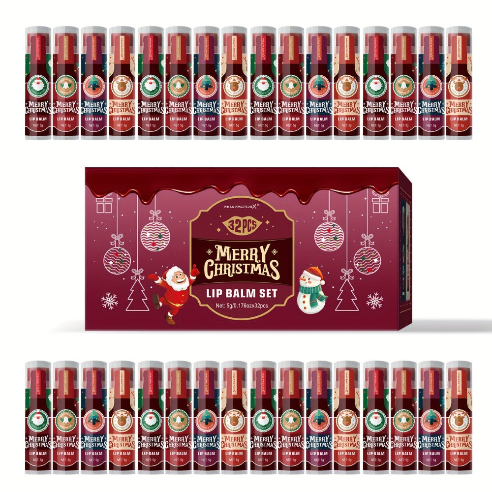 32pcs MISS FACTOR Christmas Lip Gloss & Balm Set - Long-Lasting Hydration, Holiday Gift Bo with Lipstick-like Tubes for Women & Men, Christmas Lip Balm, Fancy Lip Balms, Smudge Proof Lipstick, Christmas Lip Balm Set, Lipstick for Women Matte