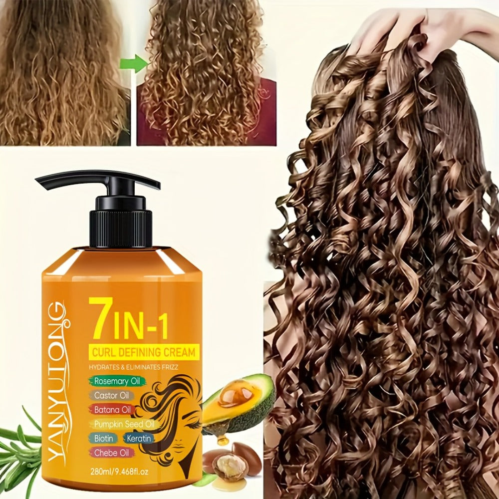 Curling Cream 7-in-1 for Black Hair Curly Wavy & Braids - Rosemary Castor Batana Coconut Oil Biotin Keratin Long-Lasting Moisturizing Curl Definer for Latin Curls 3A-4C 280ml