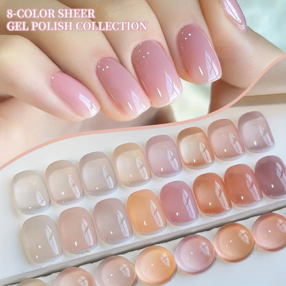 Jelly Gel Nail Polish Set 8 Colors — Summer Ice Transparent Sheer Shades, Glossy Hydrating Formula, LED Lamp Compatible Nail Art Manicure Kit