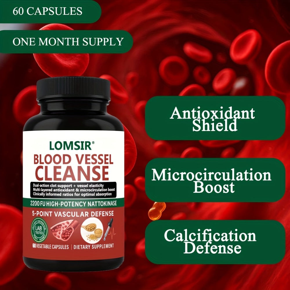 Blood Vessel Cleanse Capsules - Nattokinase Supplement with Gamma Oryzanol, Supports A Healthy Circulatory System - 60 Capsules