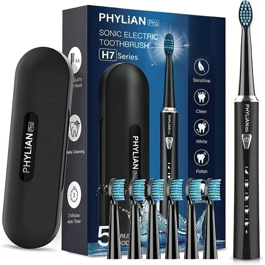 Electric Toothbrush for Adults Sonic Rechargeable 5 Cleaning Modes 6 DuPont Brush Heads 40000 VPM 120-Day Battery 2-Minute Smart Timer Whitening Sensitive Polish Massage USB Charge Travel Ready