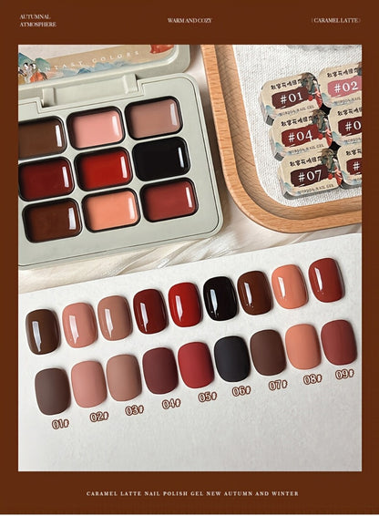 Gel Nail Polish Set 9 Colors Autumn Harvest High Saturation Long-Lasting Soak Off LED Alcohol-Free Solid Gel Polish Kit for Salon & Home Manicure with Light Therapy Pen