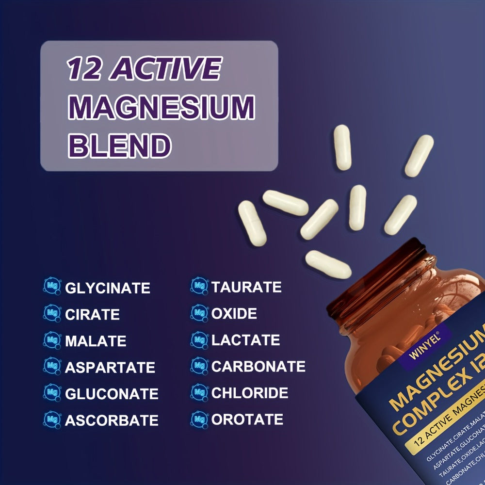 12-in-1 Magnesium Complex Supplement 700 MGwith Glycine, Citrate, Malate, Oxide, Taurine, Aspartate, And Magnesium Phosphate for Sleep, Mood, Nerve, Heart Health, Muscle Function, 120 Capsules