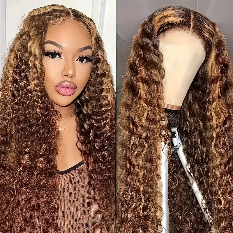 Honey Blonde Ombre Wig P4/27 Highlight Long Deep Wave Wig Long Curly Wavy Wig 200% Density Pre Plucked Glueless Wig HD Lace Ready To Wear Wigs Heat Resistant Fiber Wig For Fashion Women Girls Party Vacation Daily Used 28inch
