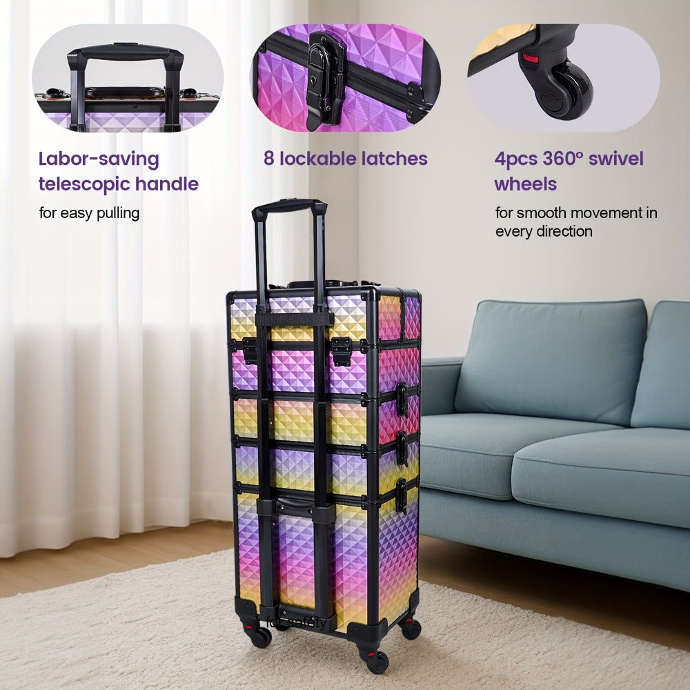 All-In-One Makeup Kit : 4-In-1 Rolling Makeup Train Case with Beauty Sponge, Large Portable Cosmetic Trolley with 360° Wheels, Professional Salon & Travel Storage Organizer