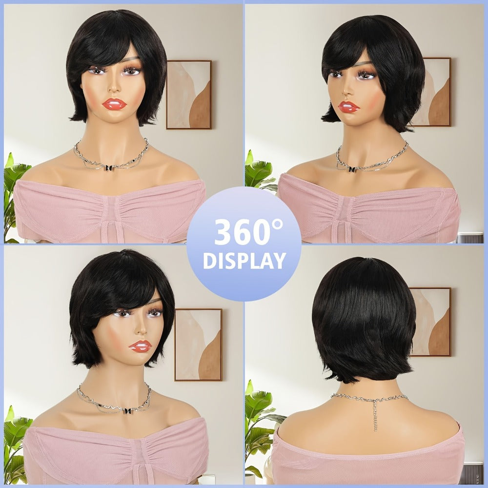 Short Human Hair Wigs for Black Women – Curly Pixie Cut Bob Wig with Bangs, Brazilian Remy Hair, Natural Looking None Lace Front, 8 Inch