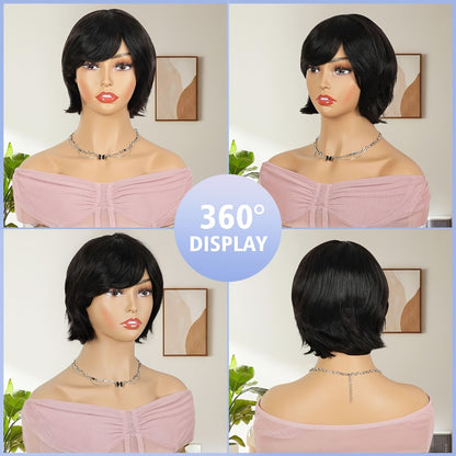 Short Human Hair Wigs for Black Women – Curly Pixie Cut Bob Wig with Bangs, Brazilian Remy Hair, Natural Looking None Lace Front, 8 Inch