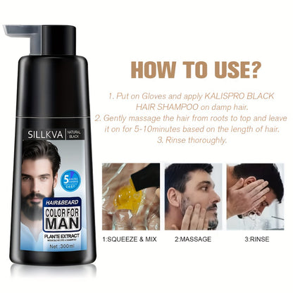 Hair & Beard Dye Shampoo for Men 3-in-1 Black — 8-Minute Gray Coverage, Ammonia-Free, Long-Lasting Natural Color, Quick & Easy Application, 10 oz, 1 & 2 Pack Options