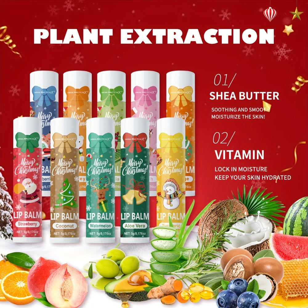 Lip Balm Set 10-Pack Christmas Gift — MISS FACTORX Moisturizing Lipstick Collection with Vitamin E, Natural Look, All Skin Types, Holiday & Valentine’s Day Gift for Women