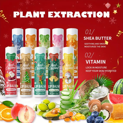 Lip Balm Set 10-Pack Christmas Gift — MISS FACTORX Moisturizing Lipstick Collection with Vitamin E, Natural Look, All Skin Types, Holiday & Valentine’s Day Gift for Women