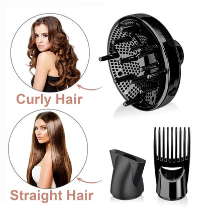 Professional Ionic Hair Dryer 1875W with Diffuser & Concentrator Attachments — Salon-Quality Blow Dryer for Curly Hair, Adjustable Cord, US Plug, Black