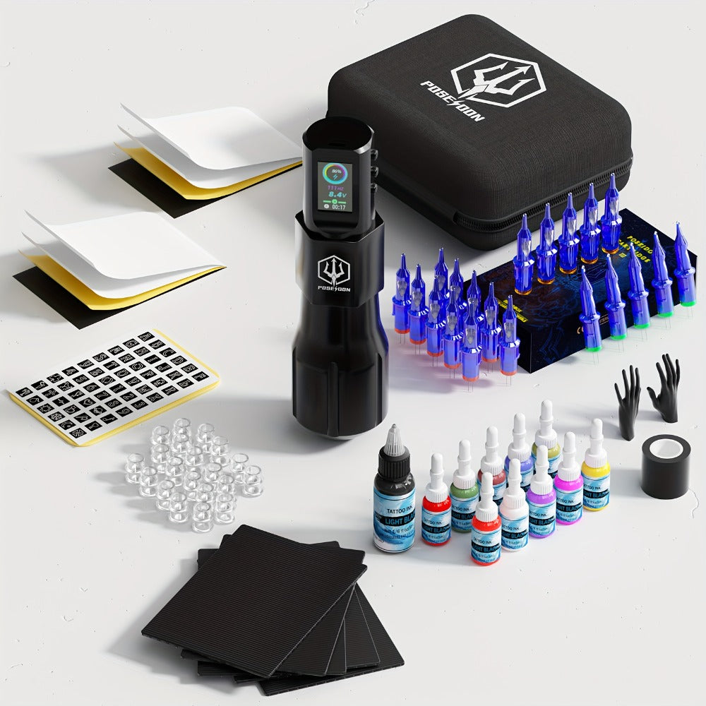POSEIDON Tattoo Kit, Tattoo Pen Kit, Wireless Rotary Tattoo Gun Kit, LED Color Screen Tattoo Machine Kit with 20pcs Tattoo Cartridge Needles And 11 Tattoo Inks, Tattoo Supplies for Beginners