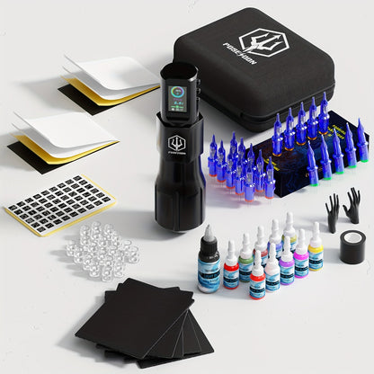 Wireless Tattoo Kit Complete - POSEIDON Battery Tattoo Pen LCD Color Screen 20 Cartridge Needles 11 Ink Bottles 6-Hour Runtime Full Tattoo Supplies for Beginners & Artists