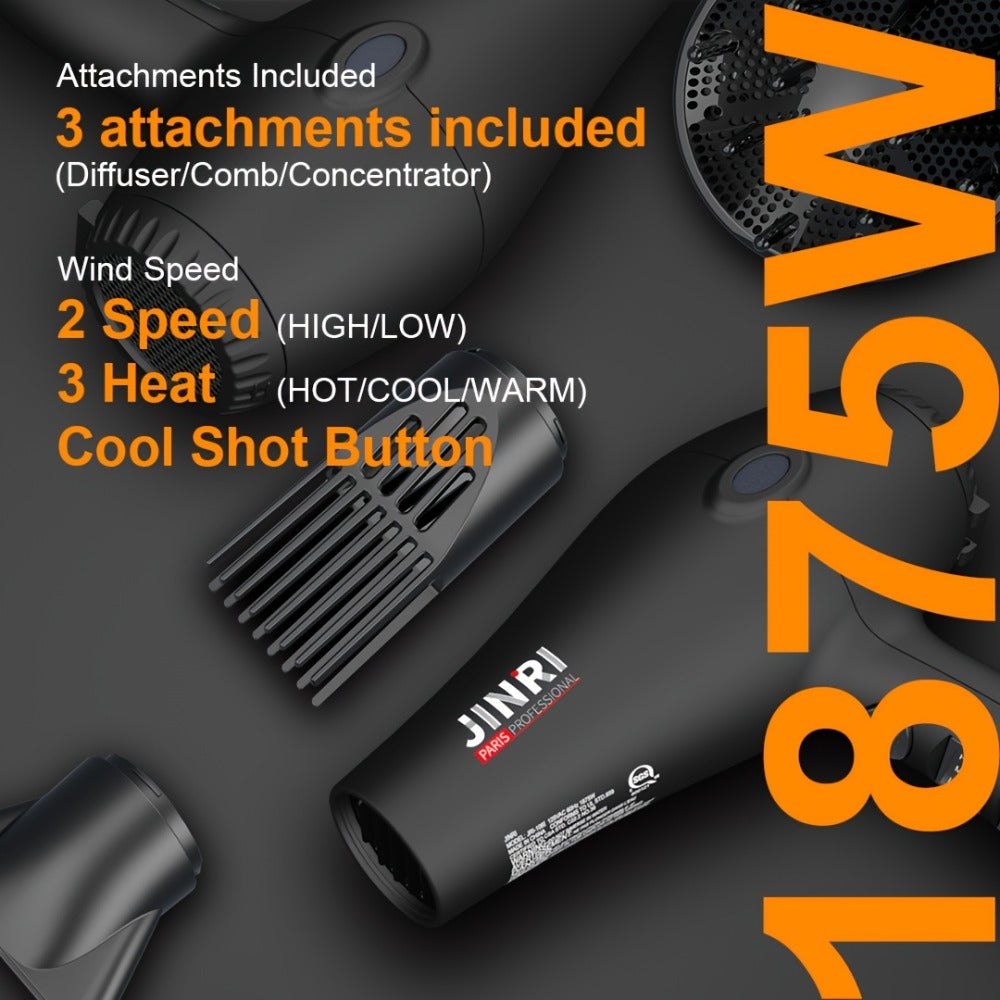 JINRI Professional Salon Ionic Hair Dryer with Diffuser & Concentrator Attachments, Ideal for Curly Hair - Black, 1875W, Non-Folding Handle, 1. 196.85inch-118.11inch Adjustable Cord, US Plug