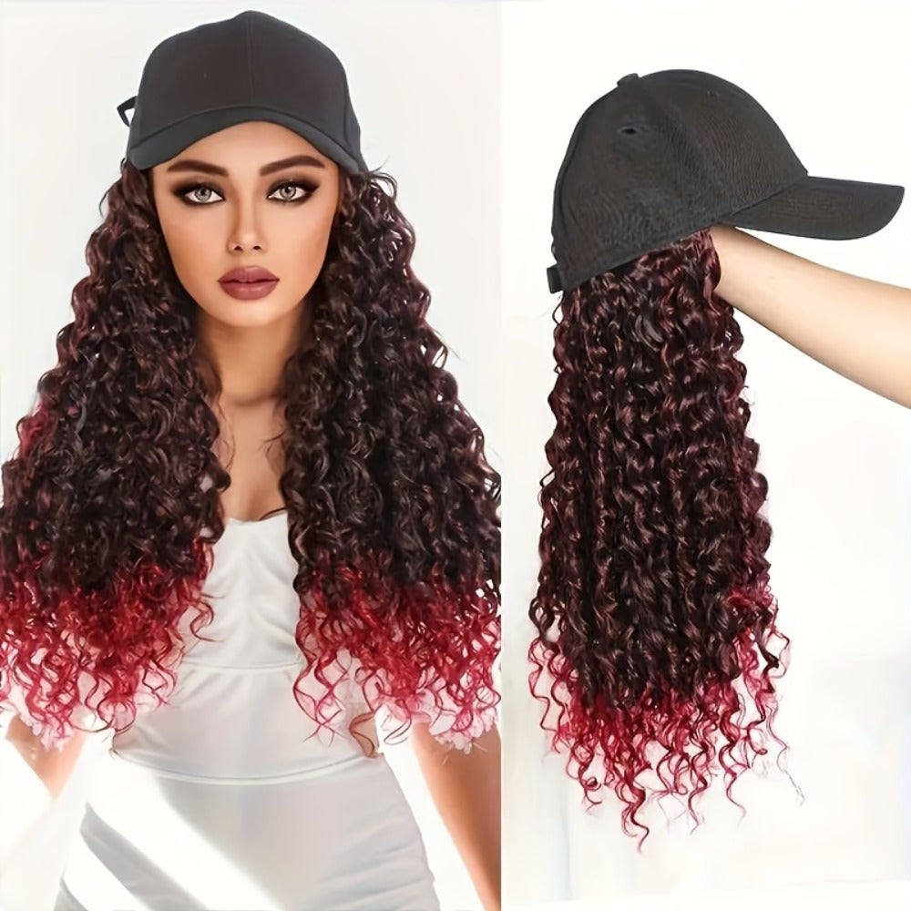 Baseball Cap Wig Afro Kinky Curly Long Synthetic - Adjustable Elastic Net Cap Hat and Wig Combo for Women 18 Inch Multi-Color