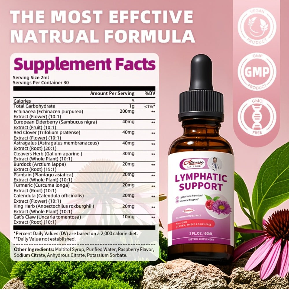 Alliwise 11-in-1 Lymphatic Health Drops, Added Natural Herbal Echinacea, European Elderberry, Yarrow, Astragalus, Plantain, Verbena, Cleavers, Thyme Leaf, Burdock Root, Dandelion, Red Clover Extract, Supports Lymphatic Health - 2.03oz