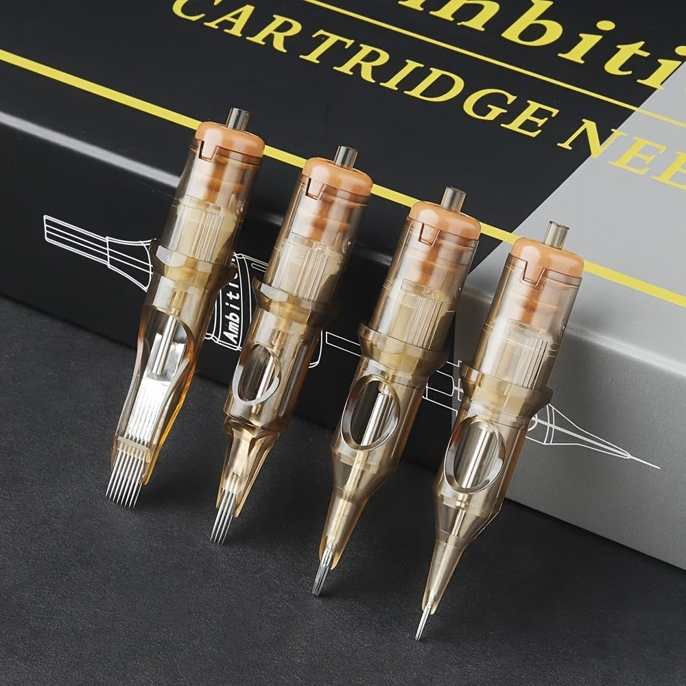 Box of 20 Ambition Tattoo Cartridge Needles in RL/RS/RM/M1 Sizes, Designed for Micropigmentation. These Disposable Needles Are Sterilized for Safe Use with Tattoo Machines
