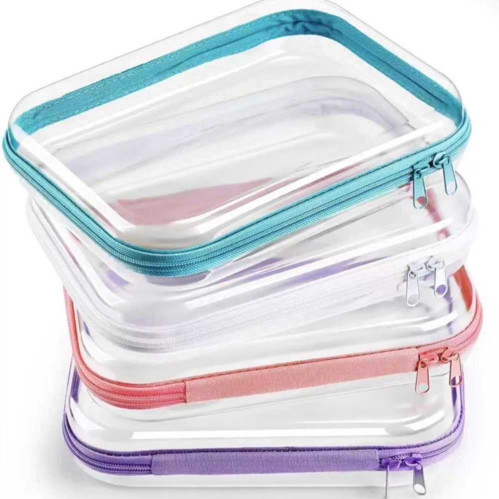 Four Piece Set of Hard Transparent Zipper Storage Bag, Plastic Pencil Case, Transparent Storage Box Suitable for Cosmetics, Snacks, Building Blocks, And Puzzles, Makeup Bag And Makeup Bag (Small, Medium, Large, Extra Large)