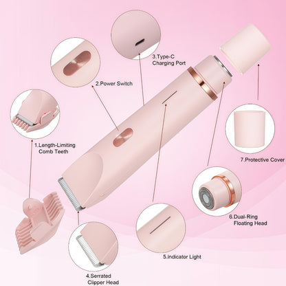 Electric Hair Trimmer for Women Dual Head Bikini Razor Face Body Shaver IPX7 Waterproof USB Rechargeable Lithium Battery Painless Hair Removal Arms Legs Underarm Bikini Line Gift Set Available