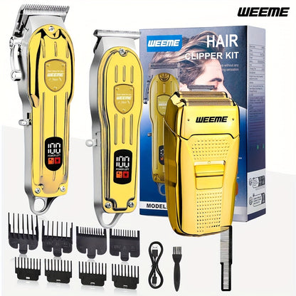 Men's Hair Clipper Set - Golden Series USB Rechargeable T-Blade Trimmer Kit with Combs & Cleaning Brush, 1pc 2pcs 3pcs Options, Gift for Men