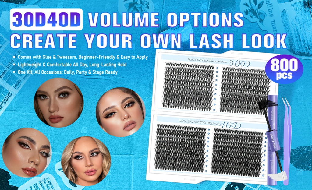 Glue/800pcs Wispy Lash Clusters Set 30D 40D Mixed Length 8-16Mm, Eyelash Extension Kit with 2-In-1 Bond & Seal Glue And Lash Tweezers, Long-Lasting Natural Fluffy Packaging Random Lashes for Everyday Wear, Travel & Events