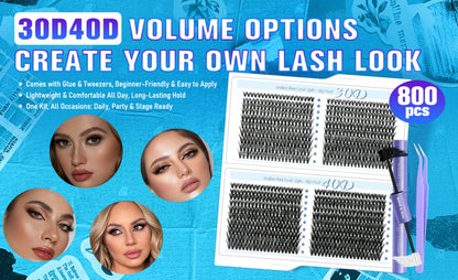 Wispy Lash Clusters Kit 800 Pcs — 30D 40D Mixed Length 8-16mm Eyelash Extension Set with 2-in-1 Bond & Seal Glue and Tweezers, Fluffy Natural Long-Lasting DIY Cluster Lashes for Everyday Wear & Events