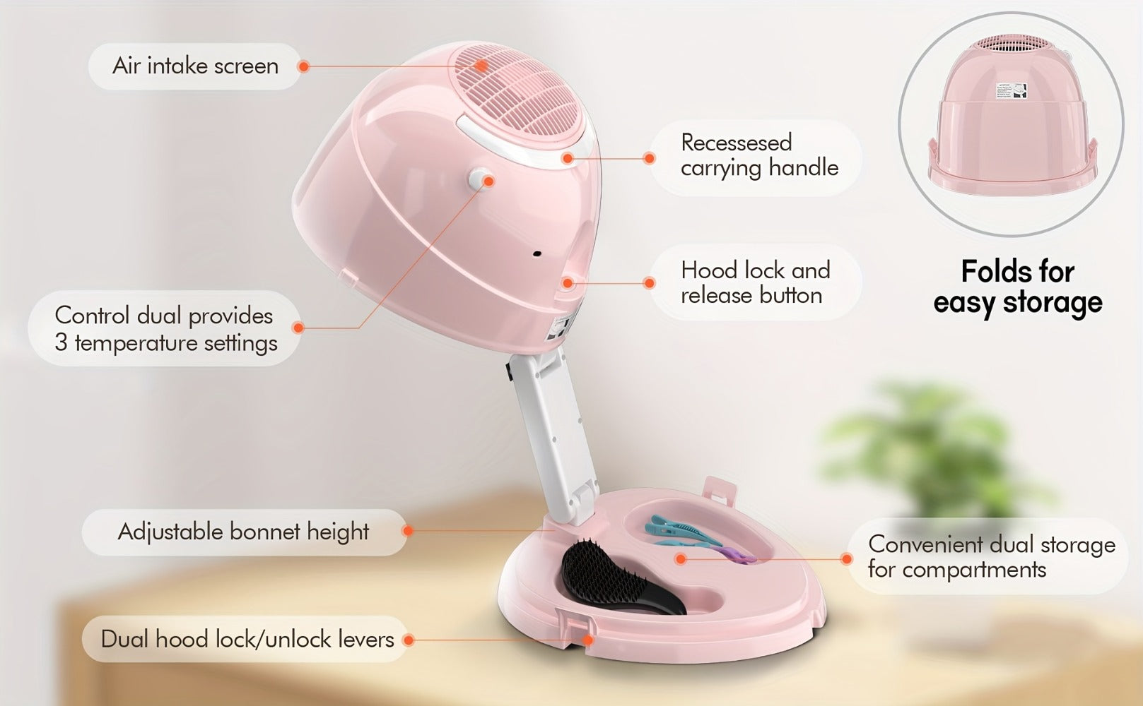 1875W Ionic Hooded Hair Dryer Bonnet with 3 Settings, Professional Sit Under Hair Dryers for Women with Ceramic Technology, Portable Hair Dryer with Hood, Hooded Dryer for Home & Salon