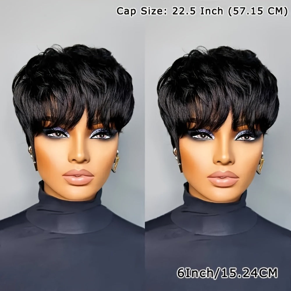 Women'S Pixie Cut Wig with Bangs, Human Hair, Straight, Non-Lace, Rose Net Cap, 180% Density, Machine Made, Glueless, Suitable for African Women - Basic Style