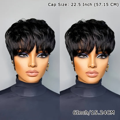 Human Hair Pixie Cut Wig with Bangs Glueless 180% Density Straight Black 6 Inch Rose Net Cap Machine Made Wig for African American Women