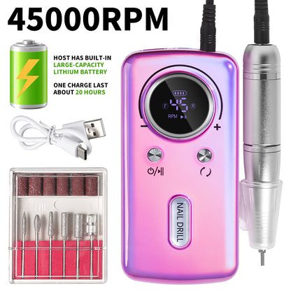 Cordless Nail Drill 45000 RPM Rechargeable Electric Nail File Kit Portable Low Noise for Acrylic Gel Nails Manicure Pedicure Salon Home Use White Pink Purple